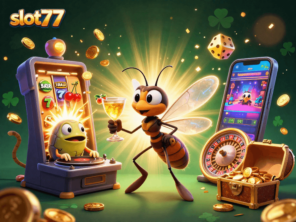 Engage with slot77's dynamic casino scene featuring golden jackpots and vibrant gameplay.