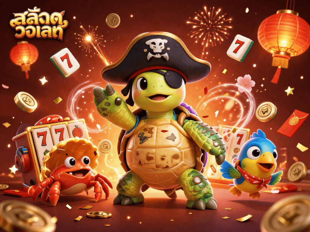 Engage with สล็อตวอเลท in a festive 3D scene featuring vibrant casino symbols and playful characters.