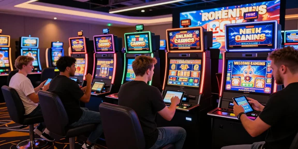 Excited players enjoying games at new online casinos in the UK featuring colorful slot machines and vibrant promotions.