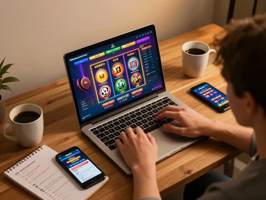 Kinh nghiệm chơi nổ hũ LUCK8 in action as a player engages with online slot games on a laptop, creating an immersive gaming atmosphere.