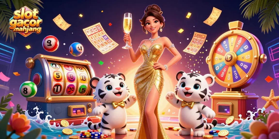 Experience slot gacor mahjong excitement with a glamorous woman and lucky tiger in a vibrant 3D casino scene.
