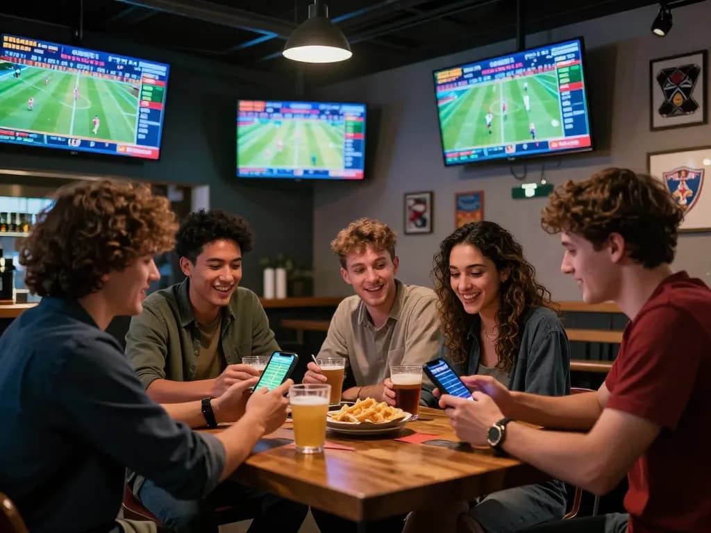 Experience the excitement of placing a Tr88 link bet on a smartphone while enjoying sports at a lively bar.
