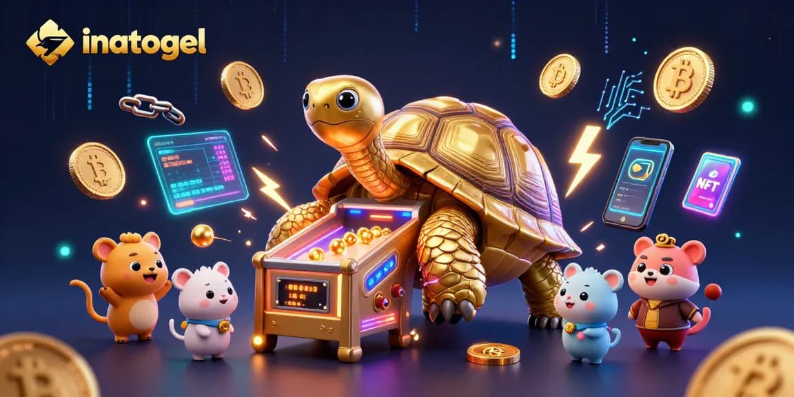 Permainan menarik di inatogel dengan kura-kura raksasa dan koin cryptocurrency berkilauan.