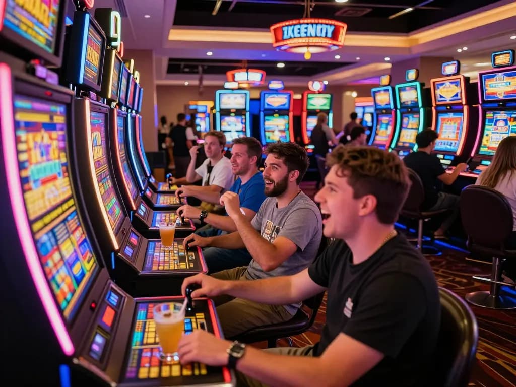 Pemain menikmati mesin slot link di suasana kasino yang semarak, dipenuhi dengan kegembiraan dan cahaya warna-warni.