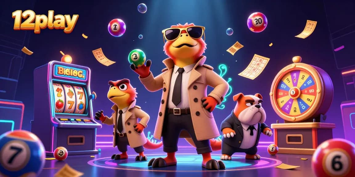 Experience 12play excitement with raptors in a trench coat, lucky slots, and vibrant lottery fun!