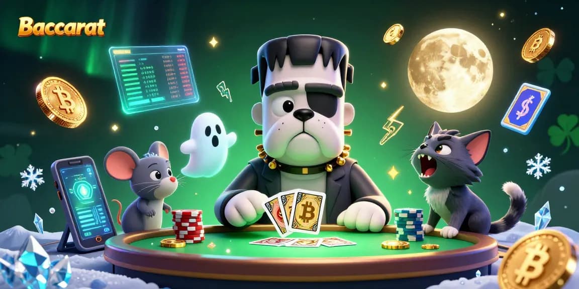 Baccarat card game illustrated with unique characters and vibrant casino elements, showcasing thrilling gameplay.