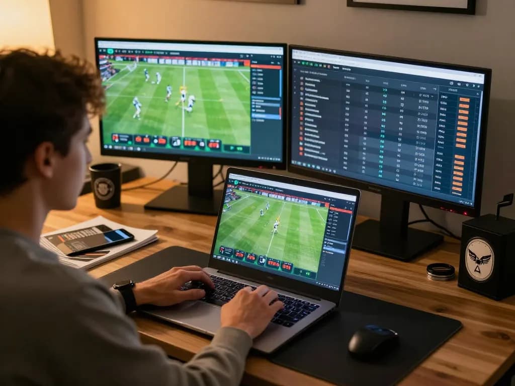 Analyzing tỷ lệ bóng đá kèo nhà cái on a laptop with live betting statistics in a cozy home setup