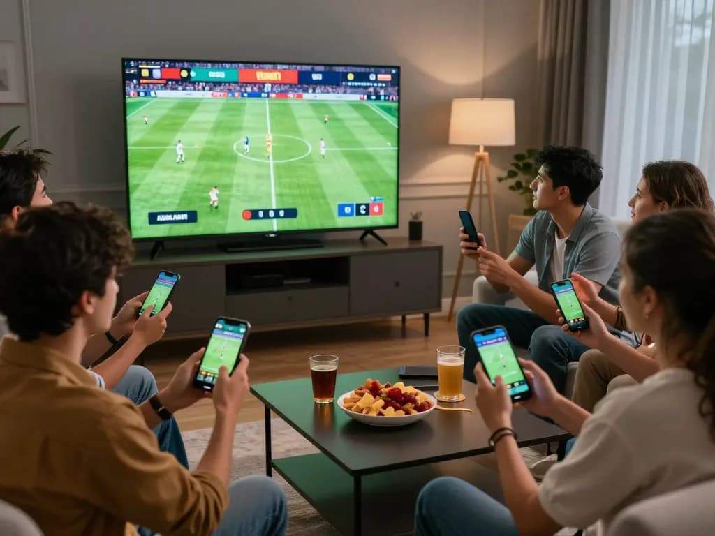 Soi kèo sports betting engaging experience with friends and smartphones in a lively home atmosphere