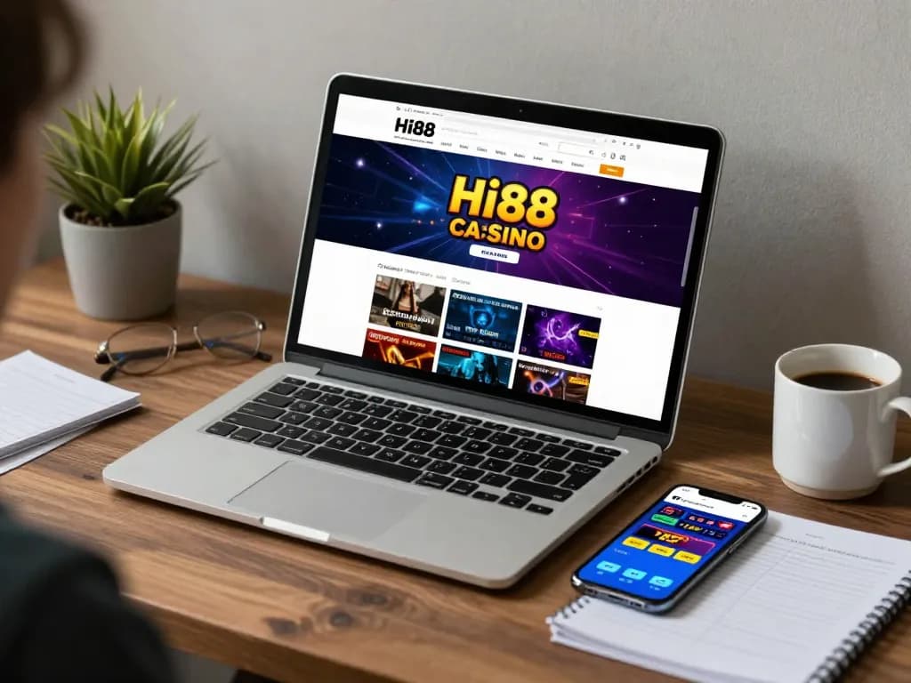Engaged player using Hi88 online casino website for gaming strategies and betting