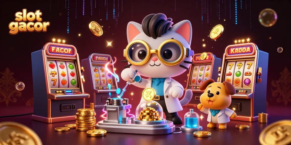 Slot gacor memikat dengan ilustrasi kartun 3D ilmuwan kucing dan anjing lab untuk pengalaman bermain kasino.