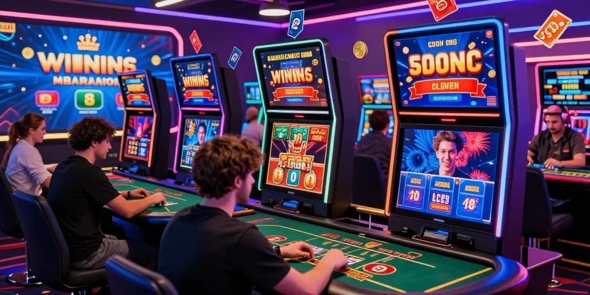 Exciting atmosphere of uk credit card casinos with diverse players enjoying games, showcasing modern gaming setup and vibrant design.