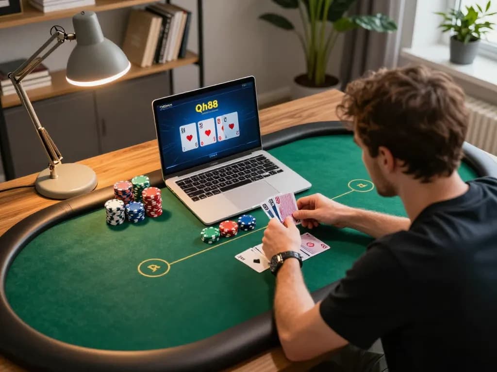 Player engaging with the Qh88 link on their laptop during an online poker session at home.