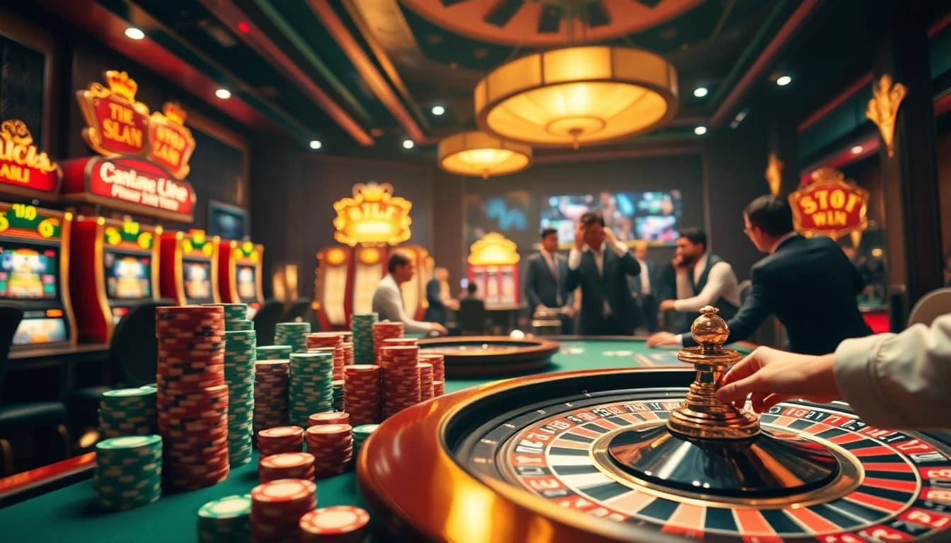 Rasakan sensasi Datuk Win di meja poker kasino yang semarak, dipenuhi chip berwarna-warni dan kartu.