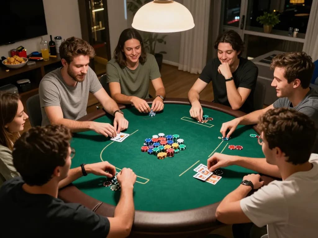 Engaging group of friends enjoying poker game, truy cập LUCKYWIN experience thriving in a cozy atmosphere.
