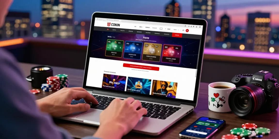 Exploring credit card casinos on a laptop with vibrant city skyline in the background.