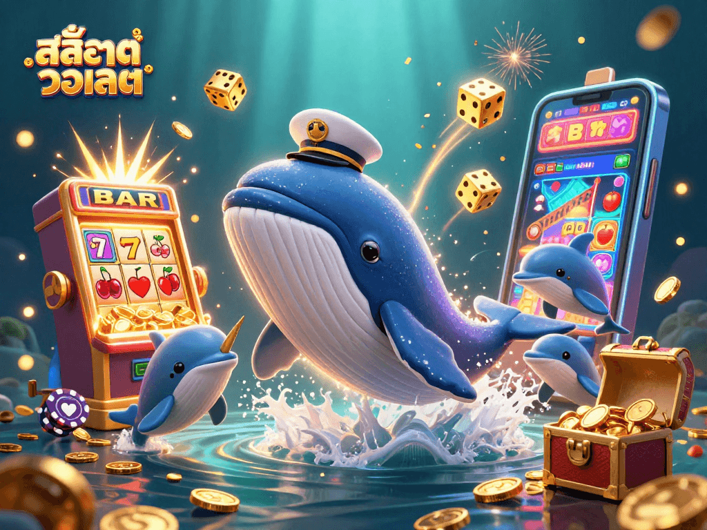 Engage in thrilling สล็อตวอเลท action with whales, narwhals, and dolphins amid a vibrant casino scene.