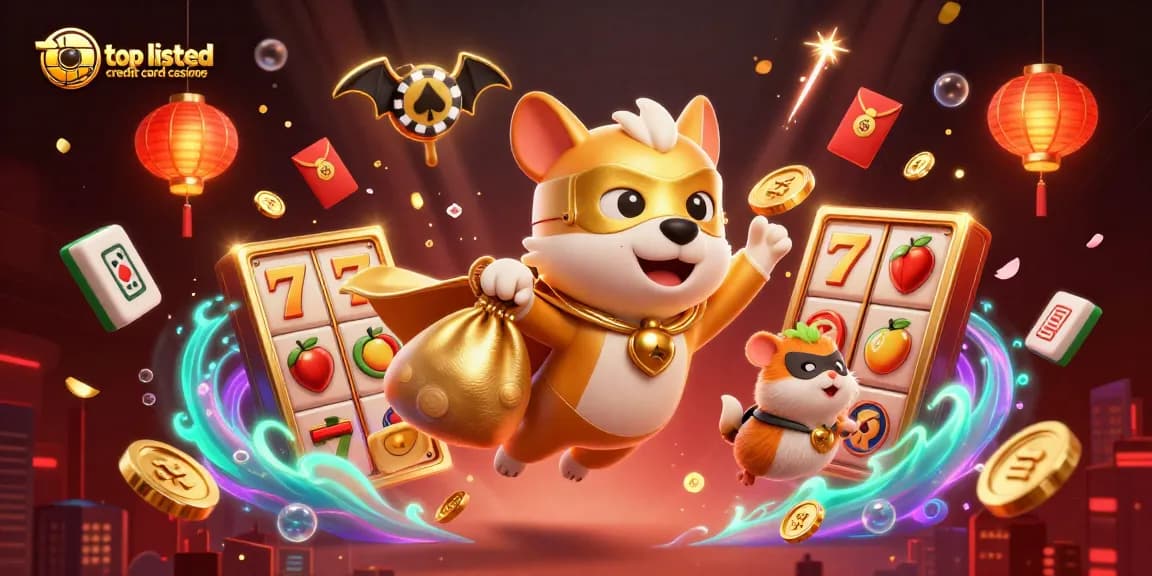 Experience the thrill of top listed credit card casinos with flying dog and hamster surrounded by captivating game elements.