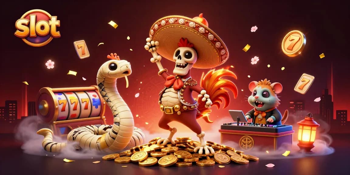 Spin the slot reels with vibrant characters celebrating jackpots in this colorful scene.