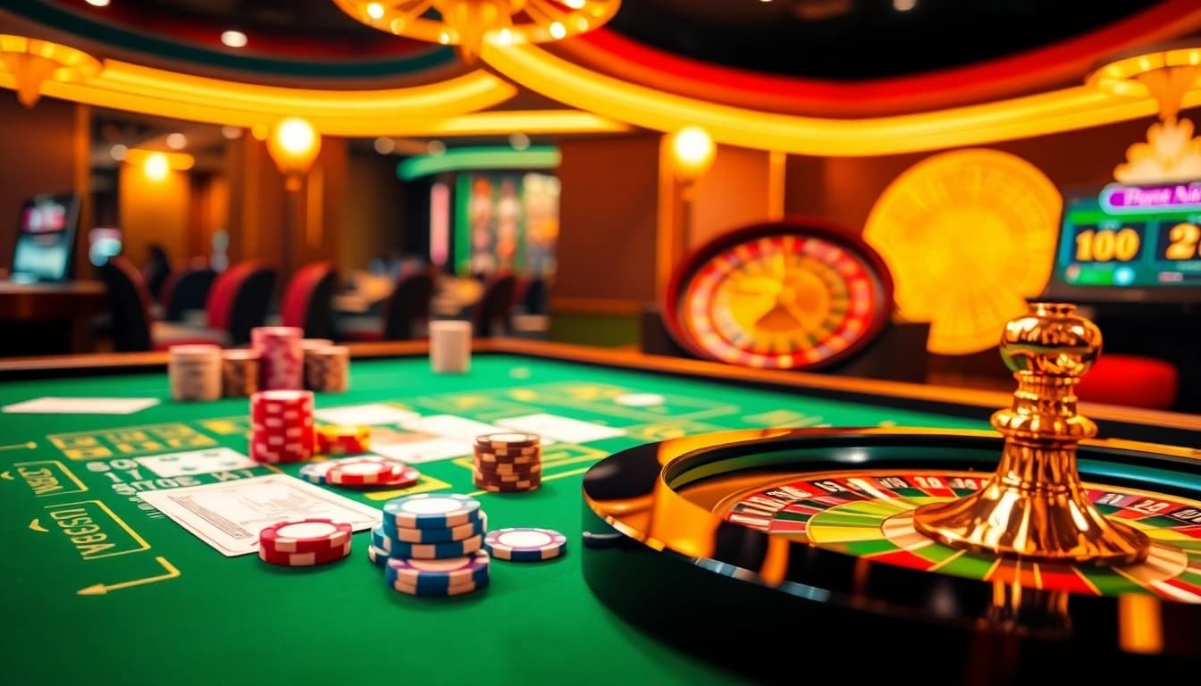 Experience luxury138 through an engaging online gambling interface, featuring vibrant cards and spinning roulette.