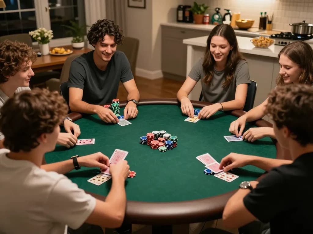 Engaged friends playing poker during a cozy home night at KO66.