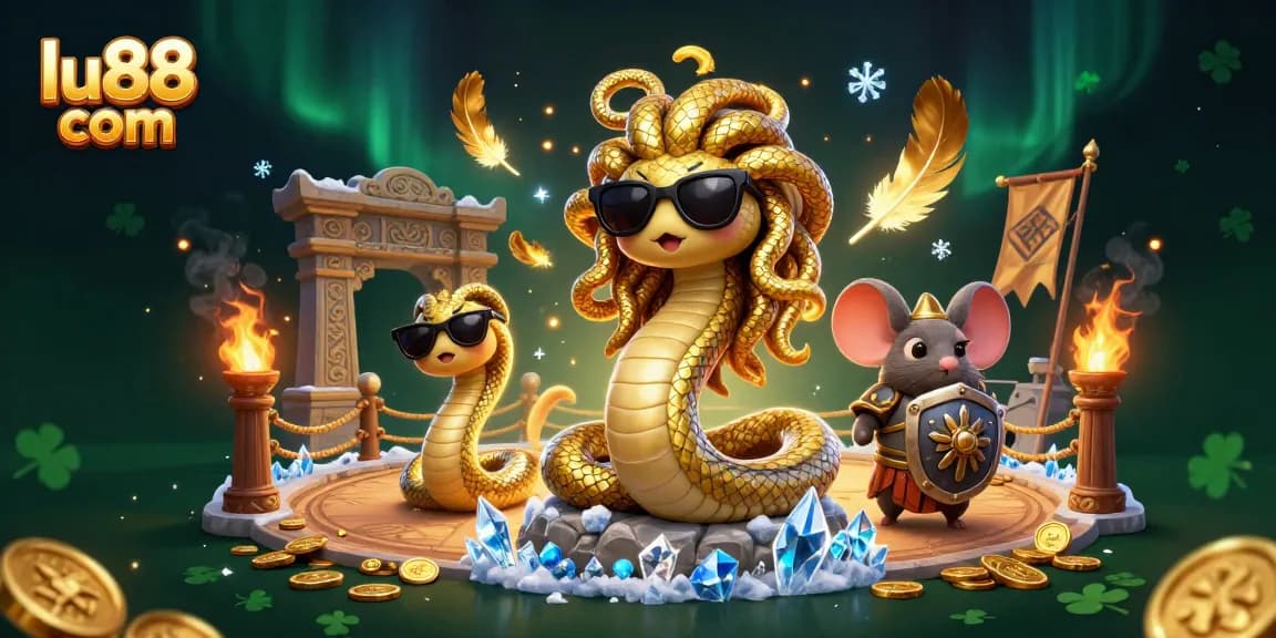 Engage in thrilling games at lu88 com, featuring a vibrant 3D casino illustration of Medusa and her warrior companion.