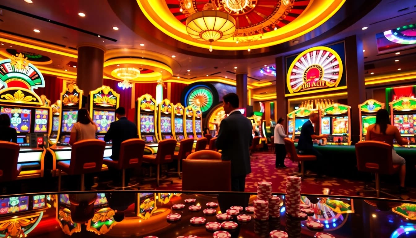 Experience the excitement of qqmacan through vibrant slot machines and roulette in a luxurious casino setting.