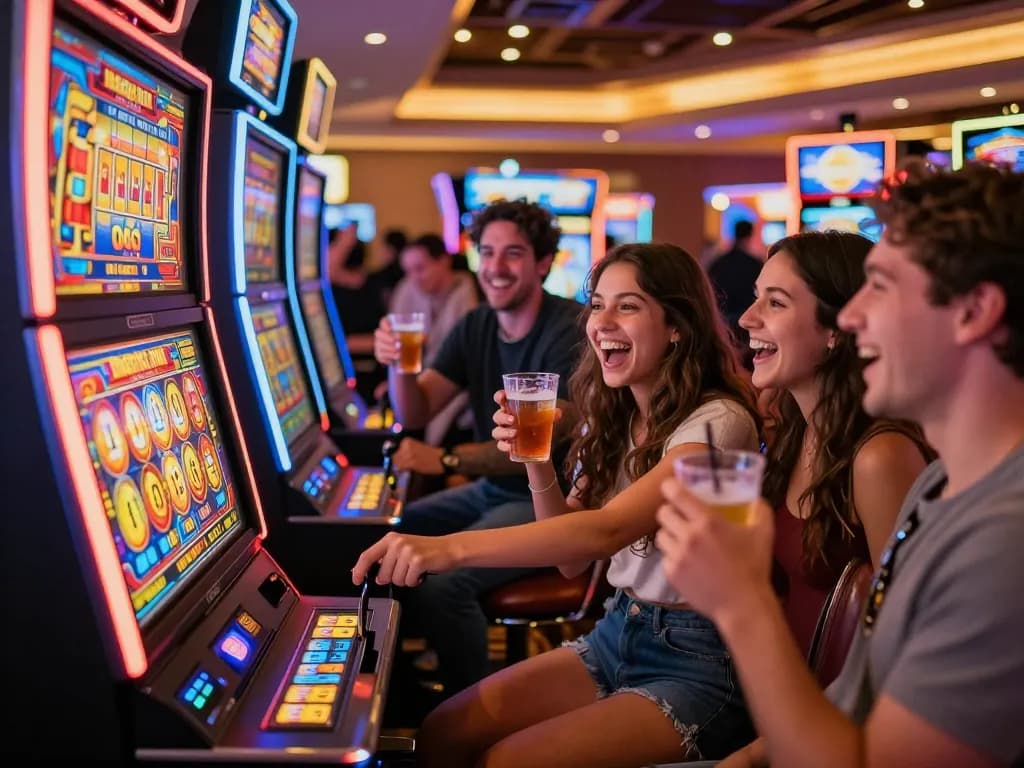 Friends enjoying an exciting gaming experience at a Dragon Link slot machine in a vibrant casino, surrounded by colorful lights and energetic atmosphere.