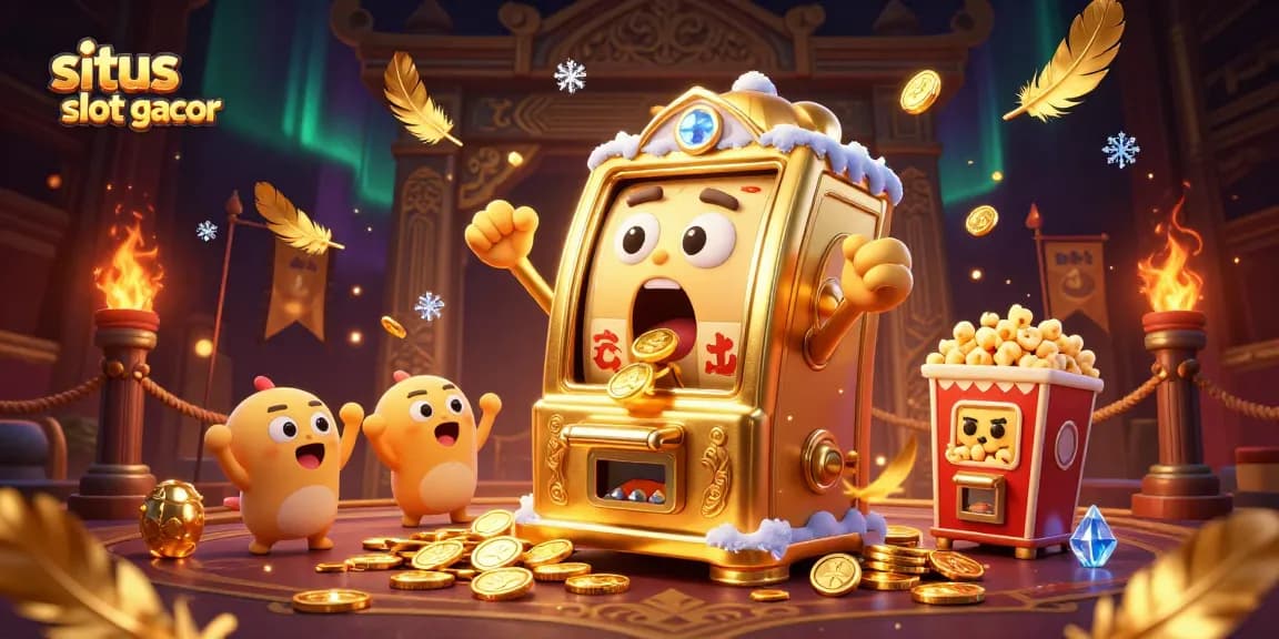 Permainan situs slot gacor dengan mesin slot emas yang terpukau saat jackpot muncul dan koin berjatuhan.