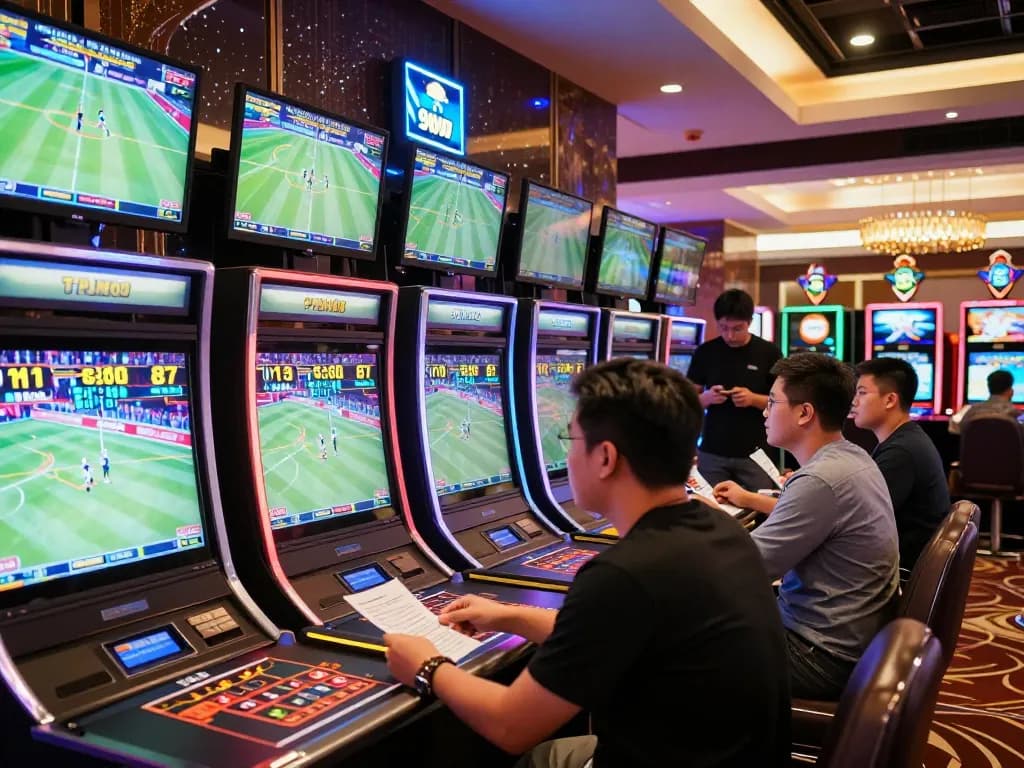 Active betting area at nhà cái 98win with excited bettors and live sports displays