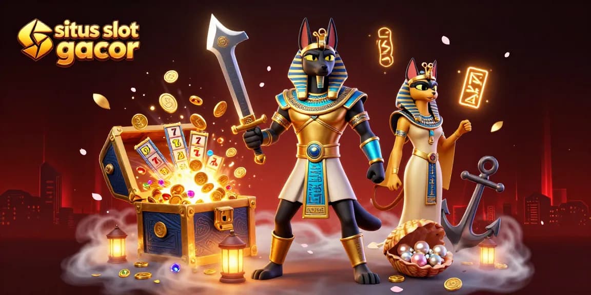 Permainan situs slot gacor dengan karakter Anubis dan Bastet dikelilingi harta karun berkilauan.