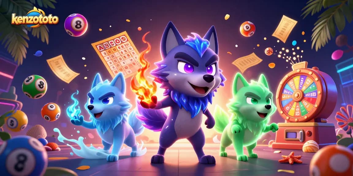 Kenzototo features an energetic scene with ghostly wolves and dynamic gaming elements showcasing vibrant lottery and bingo themes.