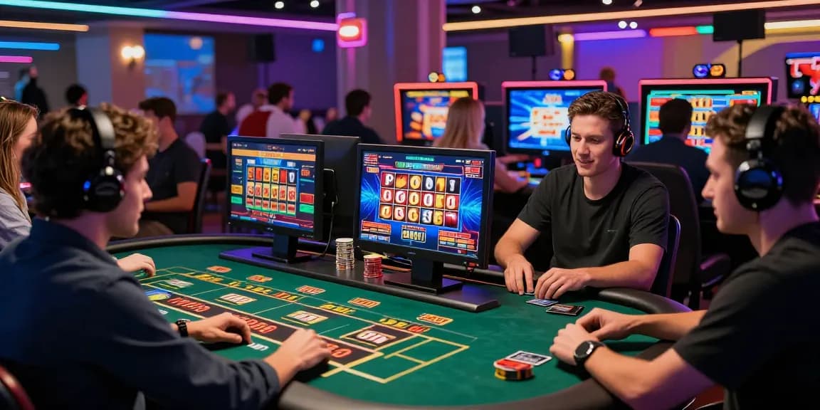Players immersed in online casinos that accept credit cards, enjoying exciting games with vibrant lights and dynamic gameplay.