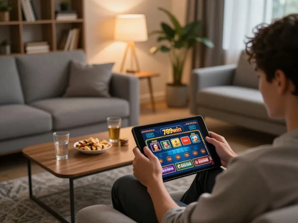 Engaging in 789win online casino games from the comfort of home, cozy living room ambiance.