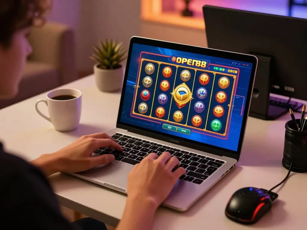 Engaging in open 88 online casino gaming with a laptop in a cozy home setup.