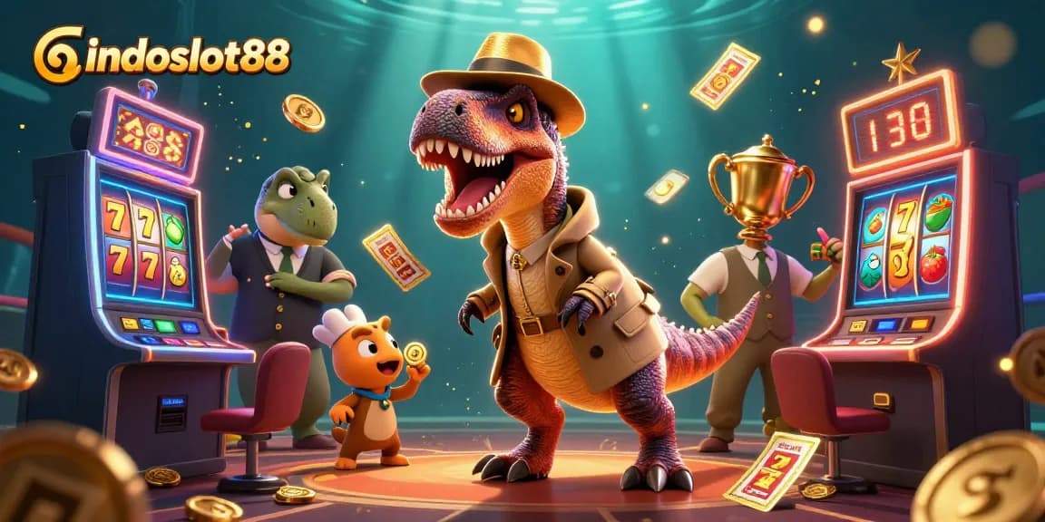 Indoslot88 unveils a thrilling casino scene with a cartoon velociraptor and stegosaurus at a lively slot machine.
