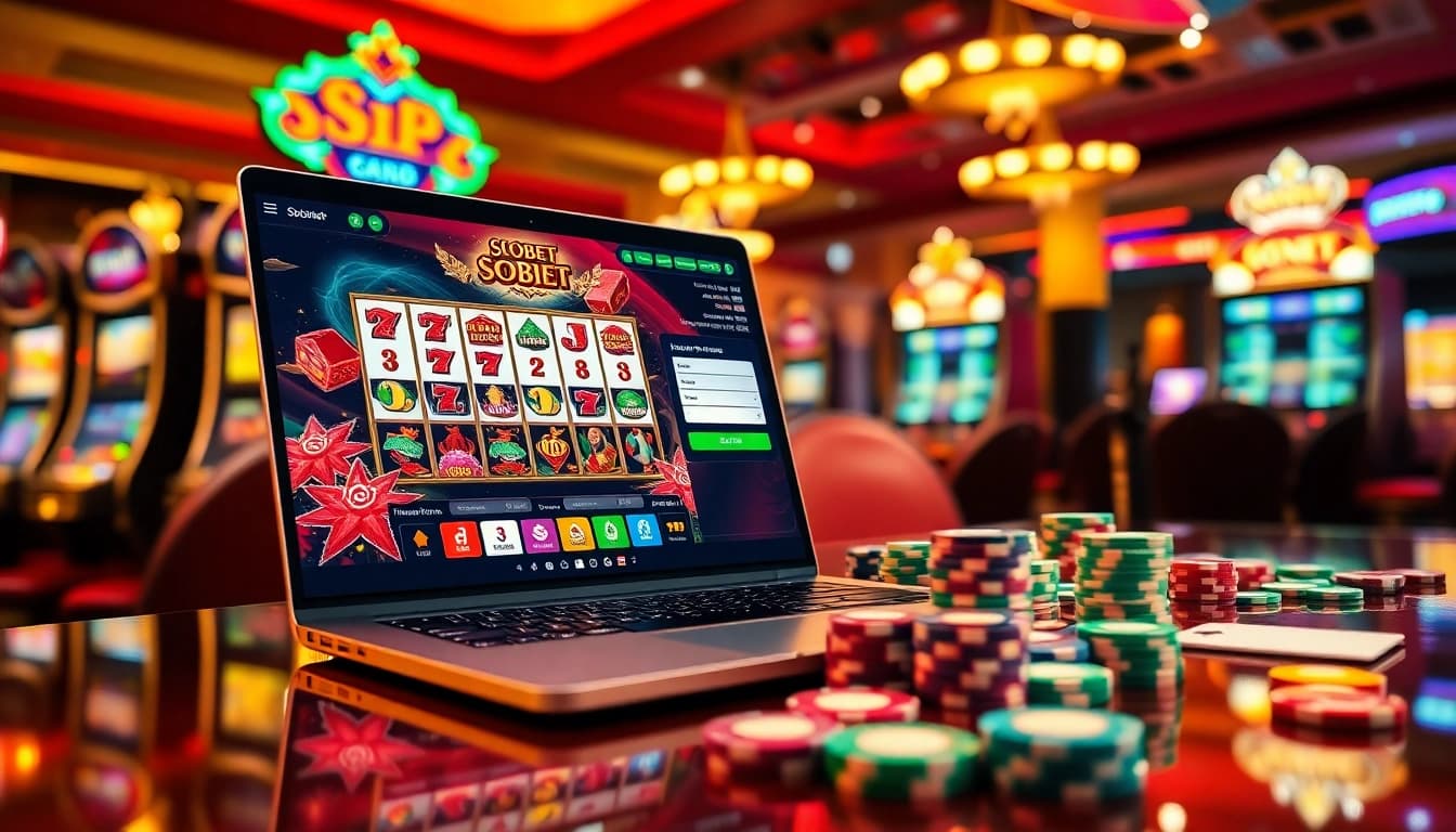 Experience sbobet login indonesia with vibrant casino visuals featuring colorful slot machines and a roulette wheel.