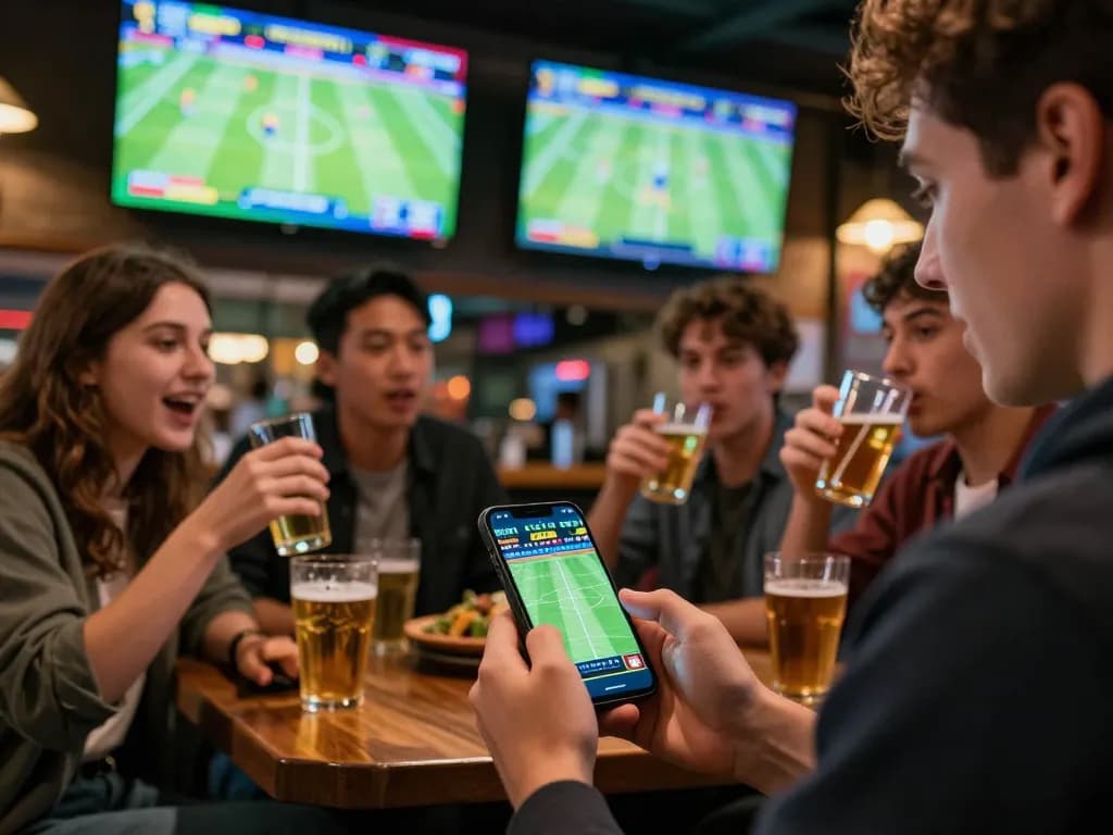 Sports bettors using luongsontv on smartphone at lively sports bar, excitement in the air.