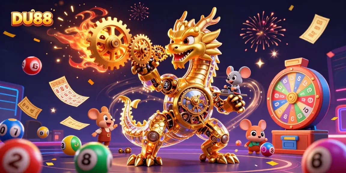 Experience excitement with DU88 in this animated casino scene filled with festive lottery elements.
