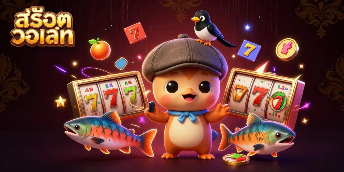 Engage with สล็อตวอเลท as playful Nessie and friends explore slot machine fun in a vibrant casino scene.