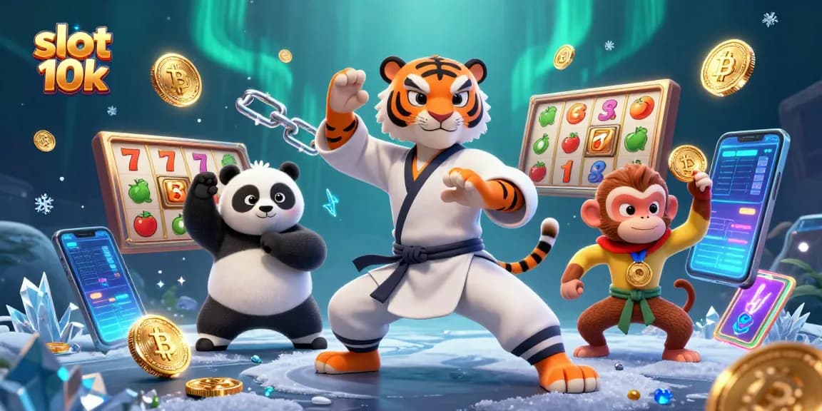 Win big at slot 10k with 3D cartoon characters surrounded by vibrant casino elements and glowing coins.