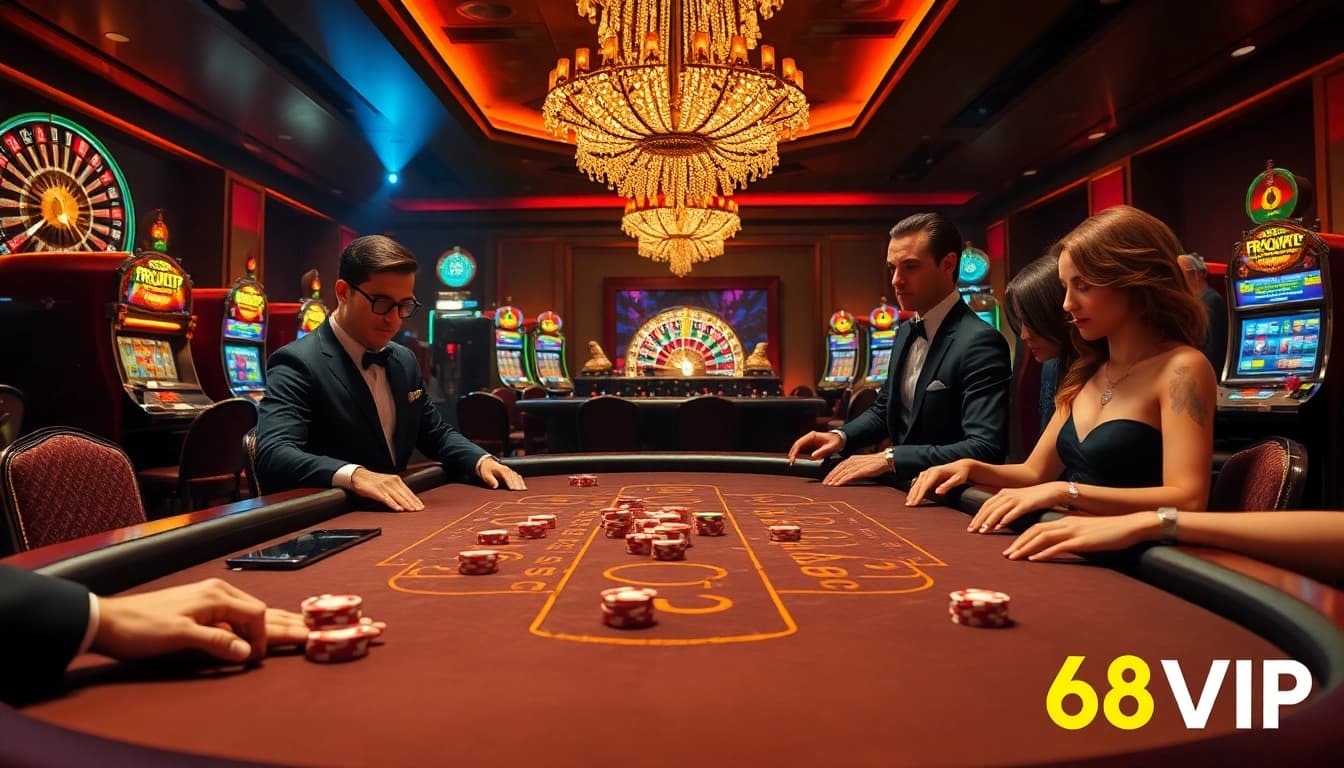 Gambling enthusiasts celebrate a winning hand at 68VIP poker table, showcasing vibrant casino atmosphere.