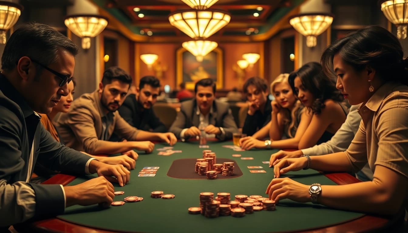 Engaged players participating in a Poker Game at a table with chips and cards.
