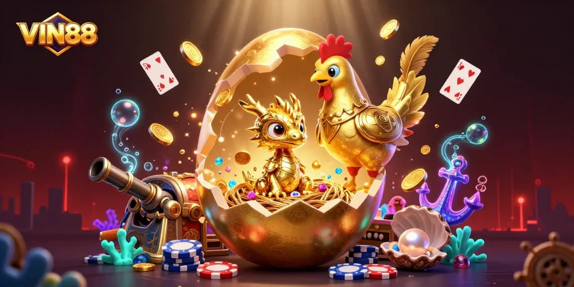 Experience thrilling gameplay at VIN88 with a dynamic scene of winning dragons and poker chips.