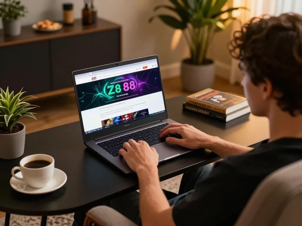 Person engaging with zx88 online gambling site on a laptop, cozy home setup.