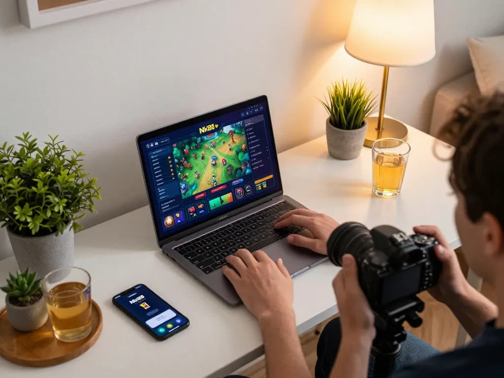 Engaging in the Nk88 game through a modern online casino setup at home, showcasing vibrant gameplay.