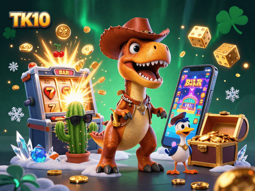 Experience thrilling wins with TK10's lively casino scene featuring a T-Rex, cactus, and roadrunner!
