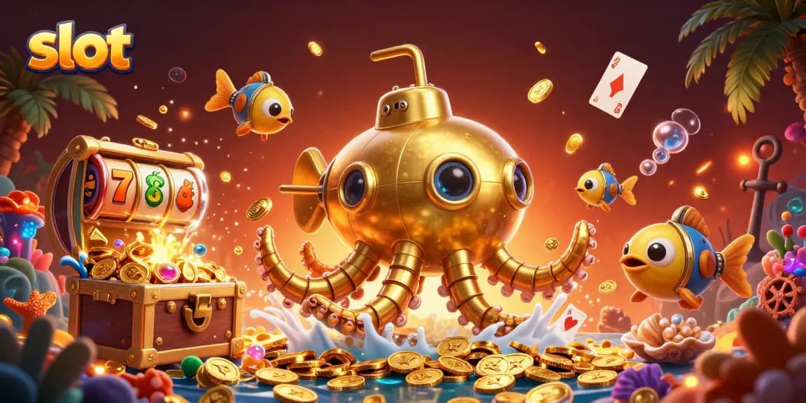 Spin winning slot games with the kraken submarine amidst golden coins and bubbling treasure.
