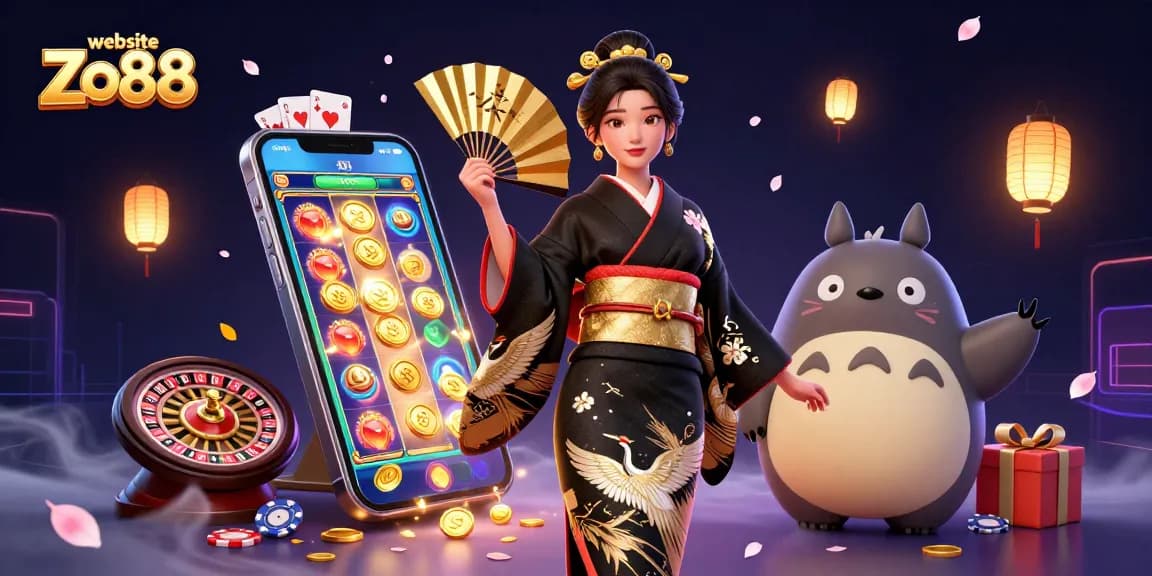 Win big at website Zo88 with an exciting illustration of traditional casino games and rich character elements.