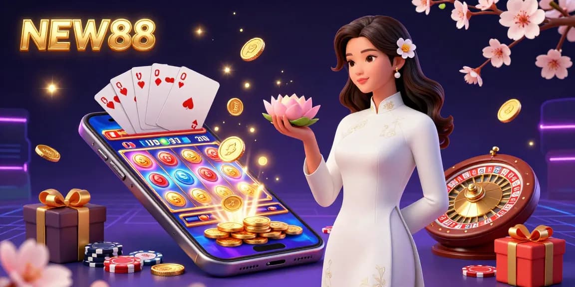 Experience the vibrant world of NEW88 with a captivating 3D illustration showcasing interactive casino elements.