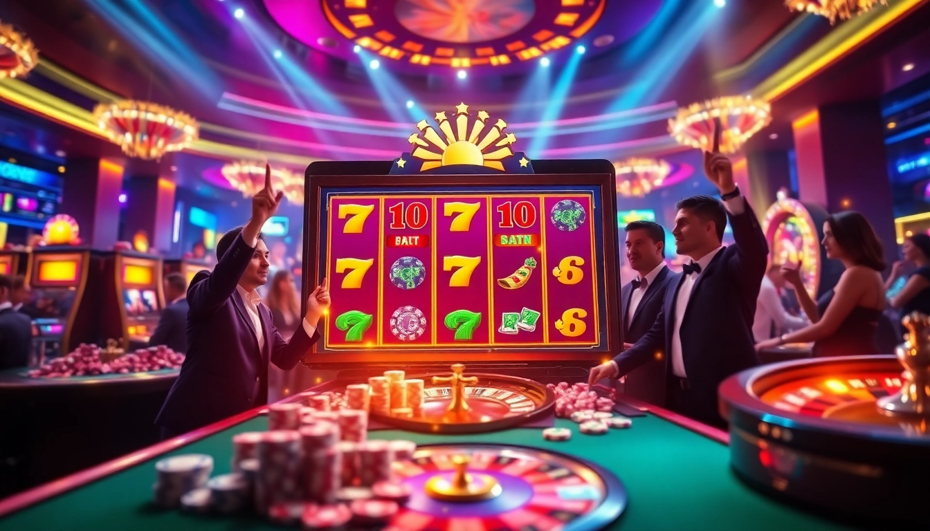 Experience the thrill of IDN slot games with colorful graphics and excited players celebrating wins.